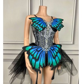 Blue butterfly singer jazz dance costume for women girls gogo dancers concert solo bling tuxedo dreses DS bars nightclub dance outfits 